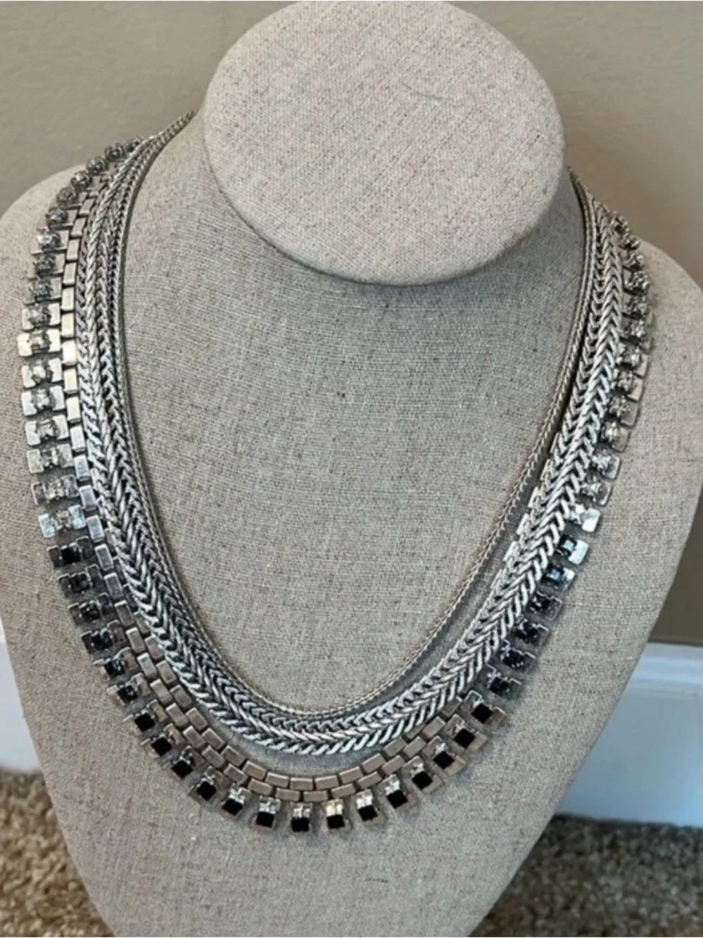 Stella & Dot silver Electra statement necklace with black, gray and clear stones